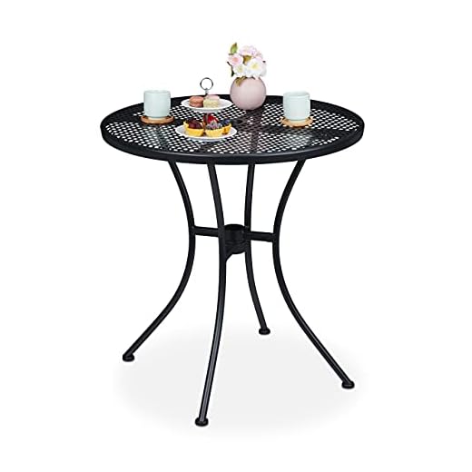 Relaxdays jardín, 72 x 70 cm, Color Negro Terraza, Agujero Sombrilla, Rejilla, Resistente Intemperie, Acero, 72x70 cm, Mesa Auxiliar Redonda, 100%, 1 Pieza