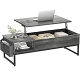 Aheaplus Lift Top Coffee Table with Storage, Wood Lifting Top Central Table Metal Frame, 43.3' Table with Side Pouch for Cocktail, Modern Pop up Adjustable Table for Living Room