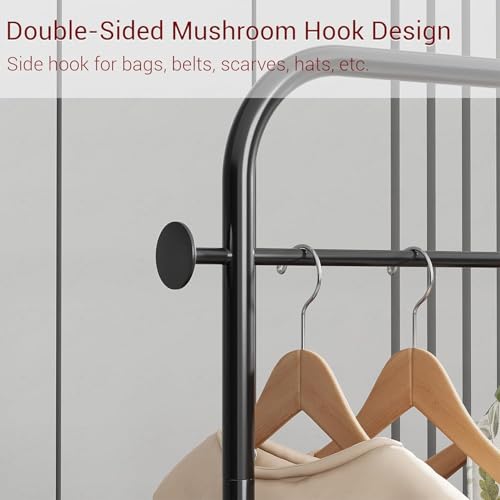 Image of Lukzer| MGR-009 | Black | Metal Clothes Rail Stand with 360 Rotating Wheels, 4 Side Hooks & Leather Storage Bin - Space-Saving Garment Organizer for Bedroom, Closet, Laundry & Dorm (171 x 75 x 35 cm)