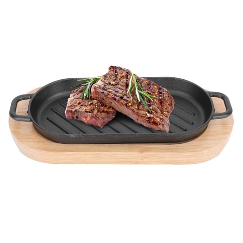 GARVALON Plaque de Grillade Fonte avec Planche Bois Poêle Steak Induction Rectangulaire pour Viande Poisson et Teppanyaki Plat à Rôtir Compact et Uniforme pour Cuisine Maison et