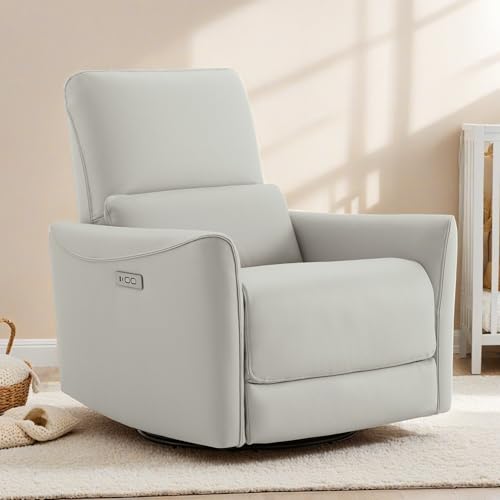 Image of CHITA Power Recliner Chair, Swivel Nursery Glider, Faux Leather, Cream | FSC Certified Upholstery Rocking Chair, Power Lumbar Support, Reclining Chair for Living Room & Nursery