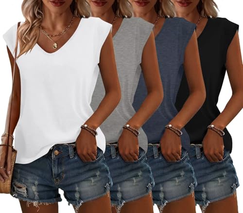 Bliwov 4 Pack Womens Tops Cap Sleeve T Shirts 2025 Summer Fall V Neck Casual Beach Vocation Outfits Fashion Workout Clothes