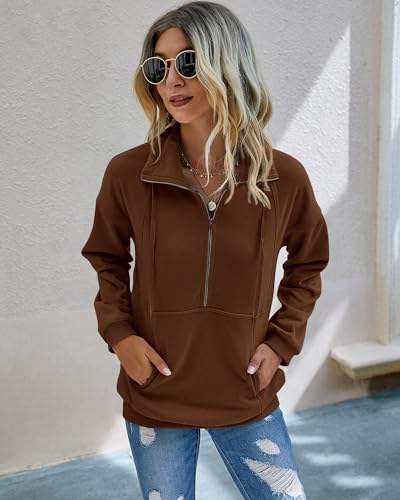 Image of PRETTYGARDEN Women's Casual Long Sleeve Zipper Sweatshirt Drawstring Loose Quarter Zip Pullover Tops with Pockets