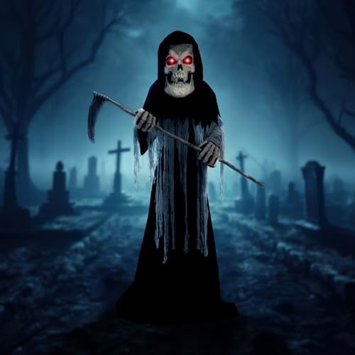 Haunted Hill Farm Motion-Activated 8.5-Ft. Tall Ginormous Reaper, Plug-in Talking Scare Prop Animatronic with Spooky Sound Effects and Lights for Indoor or Covered Outdoor Creepy Halloween Decoration