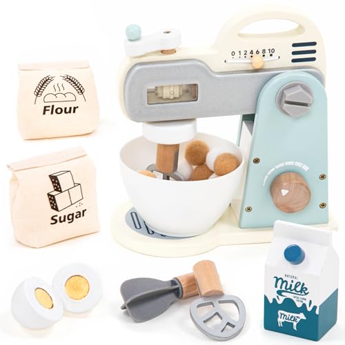 UMU® Mixer Kit de jeu en bois avec bol mélangeur, fouet, ingrédients et plus encore, ensemble de mixeur de cuisine pour enfants, 10 pièces, accessoires de...