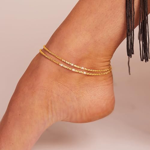 Image of Freekiss Sterling Silver Ankle Bracelets for Women: Dainty Layered Waterproof Anklet for Women Adjustable Womens Anklet Set Stackable Figaro Beaded Cuban Link Anklets Beach Jewelry for Women