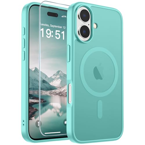 Image of SUPFINE Magnetic for iPhone 17 Case with Screen Protector (Compatible with MagSafe)(Military Grade Drop Protection) Translucent Matte Phone Cover,Blue Green