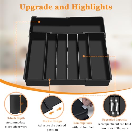Homecor Silverware Organizer - Upward-Expandable Kitchen Drawer Organizer Utensil Holder, BPA Free Flatware and Cutlery Tray for Spoons Forks Knives, Plastic Kitchen Organizer and Storage, Black