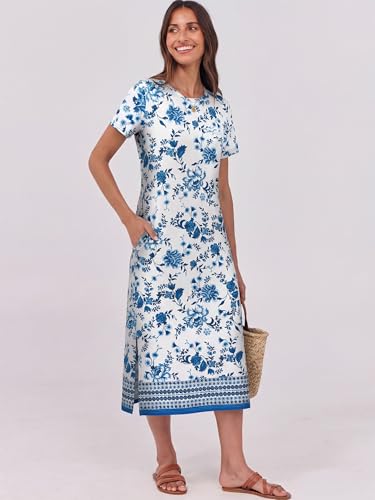 Image of ANRABESS Womens Midi Dress,Summer Long Tshirts Dresses,Short Sleeve Split Stripe,Comfy Travel Beach Vacation Casual Wear