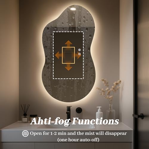 Image of WallBeyond 36 inchx20 inch Irregular LED Vanity Mirror with Backlight, Asymmetrical Bathroom Mirror with Lights for Makeup or Modern Sink Area, Anti-Fog & Dimmable, Horizontal /Vertical Mount