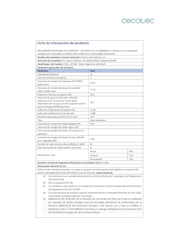 Cecotec Lavavajillas Compacto de 60cm Bolero Aguazero 6620 Dark C, 1850W, 15 Cubiertos, 8 Programas, Motor Inverter, Pantalla FullColor XXL, Smart Wash, Turbo Dry+, AutoClean, Media Carga, Delay Start - imagen 18