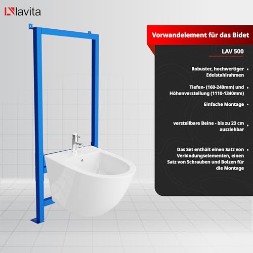 LAVITA Vorwandelement für Bidet LAV 500 + Wand-Bidet Sofi Komplettset Wand-Hänge Bidet mit Hahnloch und Überlaufschutz aus Keramik WC Toilette Hygienisch und Pflegeleicht 36,5x49x32,5 cm – Bild 4