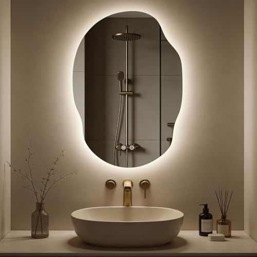 WallBeyond Asymmetrical Bathroom Mirror with Lights Irregular LED Backlit Vanity Mirror 31 H x 22 W Anti-Fog Dimmable Lighting with 3 Color Temp Memory Hardwired Vertical or Horizontal Mount