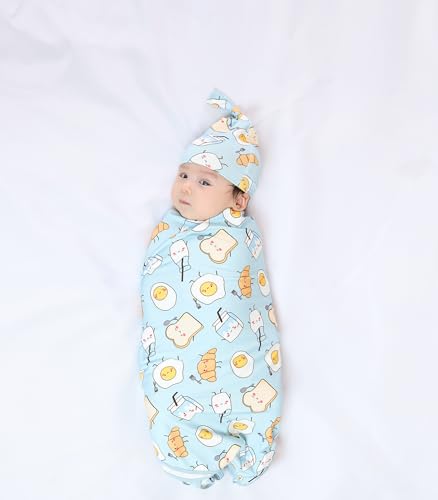 Image of DREAMHALO Newborn Swaddle Blanket with Hat Set,Unisex Baby Receiving Blanket Nursery Wrap for Girls and Boys, Viscose Made from Bamboo Blue Egg One Size