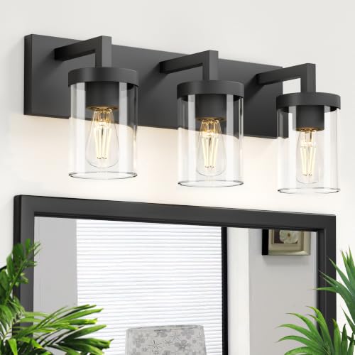 Image of Bathroom Vanity Light, 3 Light Matte Black Vanity Lights with Clear Glass Shade, 22in Modern Wall Sconces, Bathroom Lighting Fixtures Over Mirror