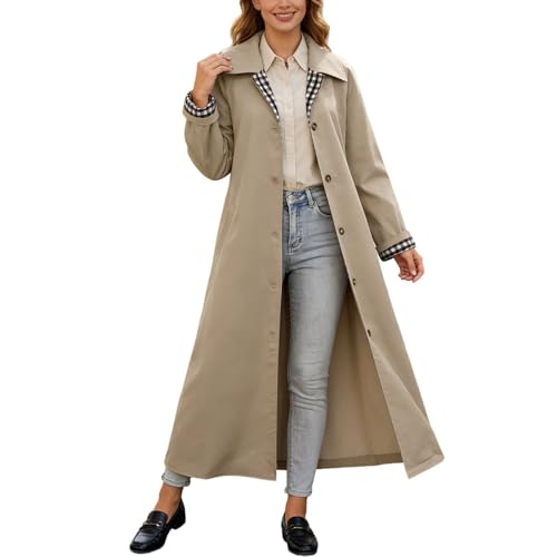 Generisch Gabardina larga a cuadros 2026, chaqueta anorak con cuello de solapa y manga larga, caqui, XL
