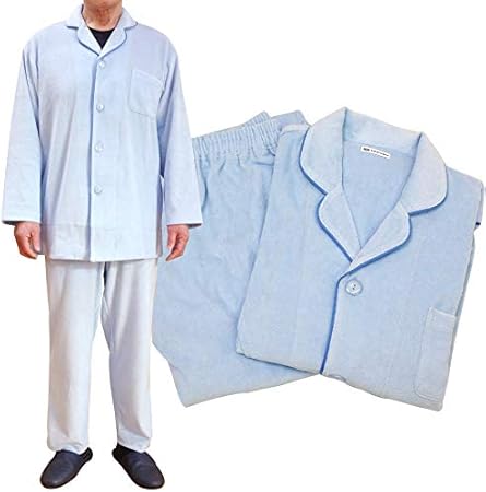 Amazon 国産 日本製 紳士タオル地パジャマ ボタンシステム特許取得 メンズ M ブルー 埼玉福祉会 介護ねまき