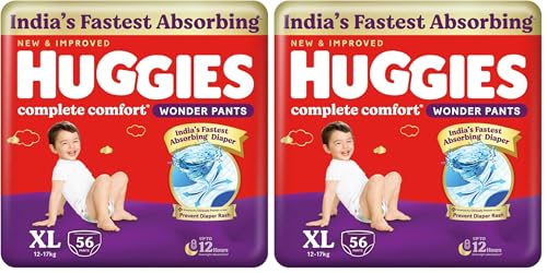 Image of Huggies Complete Comfort Wonder Pants | Pant Style Baby Diapers Extra Large Size, 56 Count | India's Fastest Absorbing Diaper, Prevents Diaper Rash, Ideal for 12 to 17 Kgs (Pack of 2)
