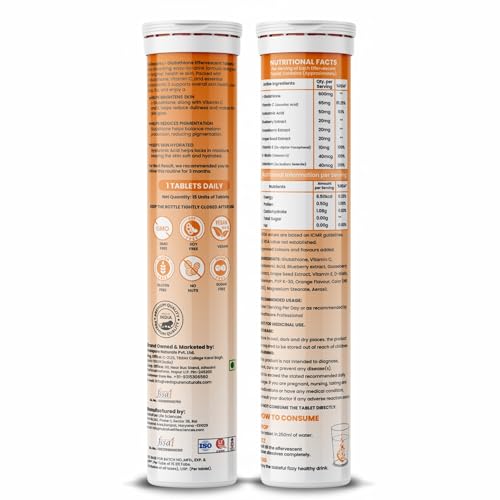 Image of Vedapure L Glutathione Effervescent Tablets with Vitamin C & E | Skin Brightening, Hydration & Collagen Support | For Men & Women | 15 Orange-Flavored Tablets (Pack of 2)