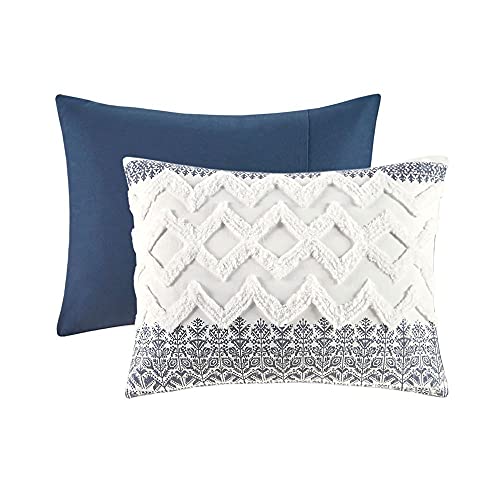 Image of Ink+Ivy Queen Comforter Set, Chic Chevron Chenille Tufting Accent, Boho Comforters, All Season, Lightweight Cotton Comforter Bedding, 2 Shams, Mila, Full Navy 3 Piece