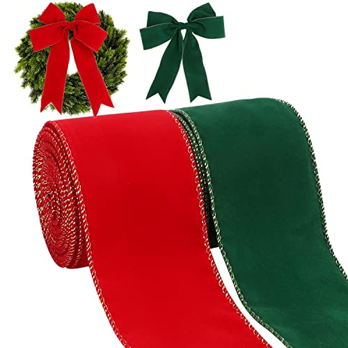 Kingovalley 2 Rollen Weihnachtsband mit Draht, 6.3 cm x 9.1 m, rotes und grünes Samtband mit Goldrand, Vintage-Weihnachtsband für Weihnachten, Basteln, Zuhause, Girlande, Türkranz, Dekorationen Cover