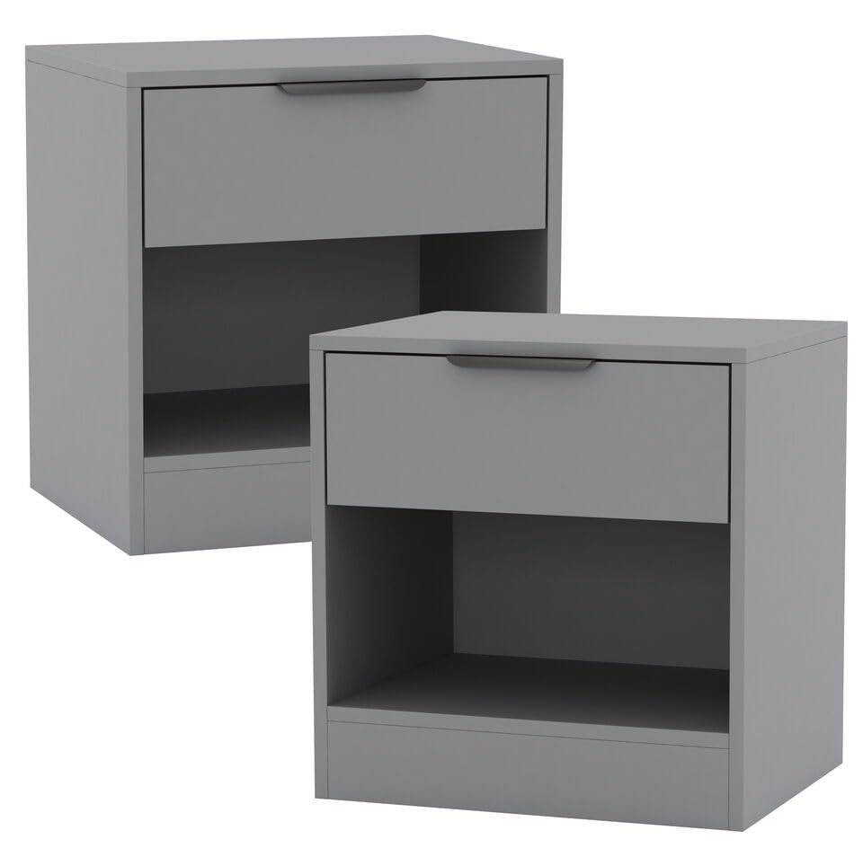 URBNLIVING 2 Pcs1-Drawer Bedside Grey Table Nightstand Shelf File Cabinet Storage for Bedroom Wooden Furniture Modern Sofa Side End Compact Unit for Living Room, H46.5cm x W45cm x D35cm