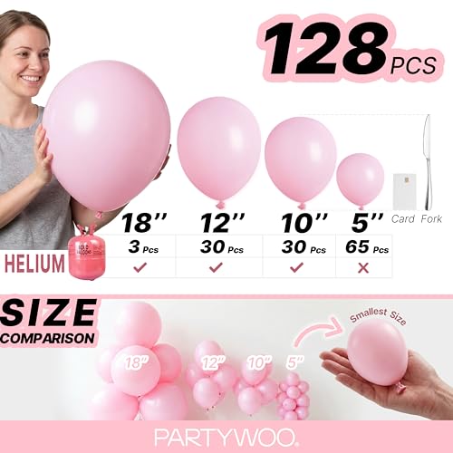 Image of PartyWoo Baby Pink Balloons 128 pcs Different Sizes of 18 12 10 5 Inch Pastel Pale Light Pink Balloons Arch Kit Garland for Baby Shower Gender Reveal Birthday Princess Party Decorations Pink-Q05