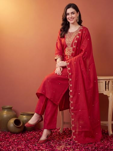 Image of INDO ERA Women's Silk Blend Embroidered Kurta & Pant with Dupatta Set | Kurta Sets For Woman