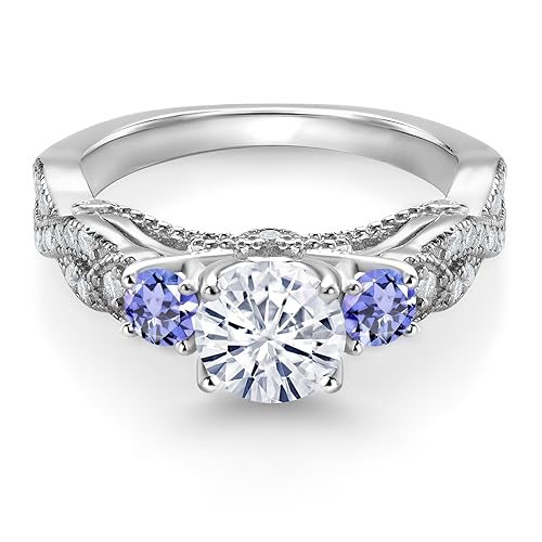 Gem Stone King 925 Sterling Silver White Moissanite and Blue Tanzanite Engagement Ring For Women | 1.37 Cttw | Round 6MM and 3MM | Gemstone Birthstone | Available In Size 5, 6, 7, 8, 92