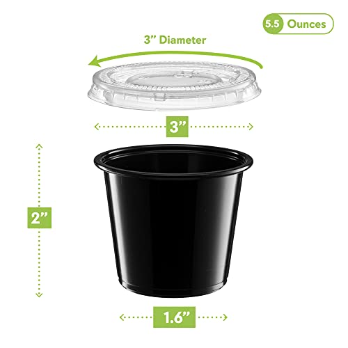 Image of (5 oz - 100 Sets) Black Diposable Plastic Portion Cups With Lids, Small Mini Containers For Portion Controll, Jello Shots, Meal Prep, Sauce Cups, Slime, Condiments, Medicine, Disposable Souffle Cups