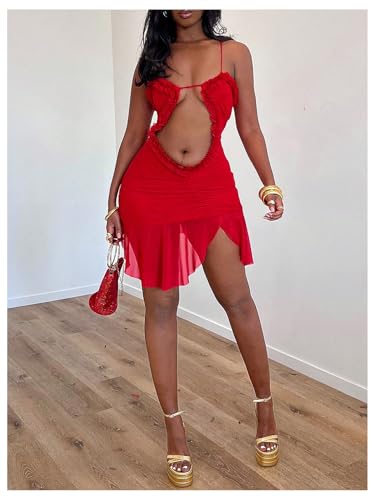 Image of SOLY HUX Women's Mesh Cut Out Frill Trim Ruched Bodycon Cami Dress Ruffle Hem Party Club Mini Dresses Pure Red Medium
