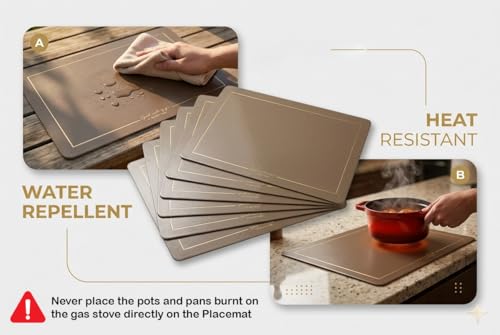 Image of Dribble Premium PU Leather Placemats Set of 4, Double Layer Waterproof Heat Resistant, Non-Slip Easy Clean Dining Table Mats for Kitchen, Dining & Office Desk, Reversible & Smooth Finish (Beige)