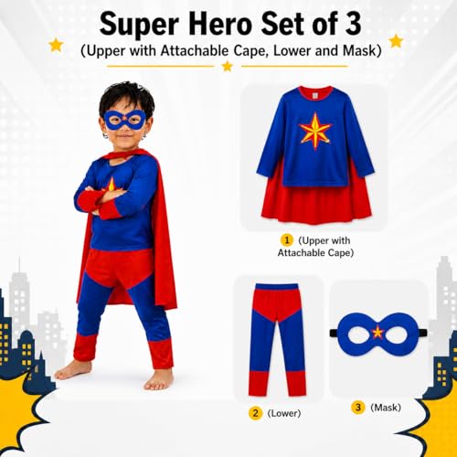 Image of superhero costumes for kids | Blue Red Full Sleeve T-Shirt & Track Pants | Kids Fancy Dress for Birthday Party, School Function for age group 3 to 8 yrs
