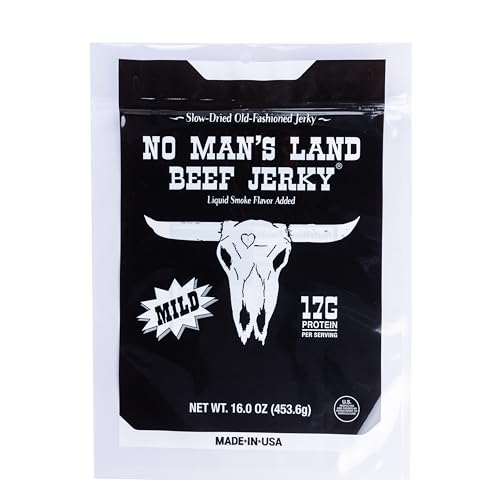 No Mans Land Slow-Dried Beef Jerky | 17G High Protein, Low Carb Beef Snack | Smoked & Seasoned Jerky Strips | MILD 16oz Bag