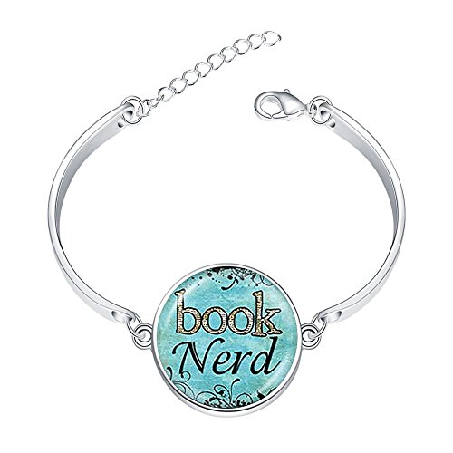DOME-SPACE Adjustable Silver Bracelets Book Lover Book Nerd BlueArt PrintHand Chain Link Bracelet Clear Bangle Custom Glass Cabochon Charm