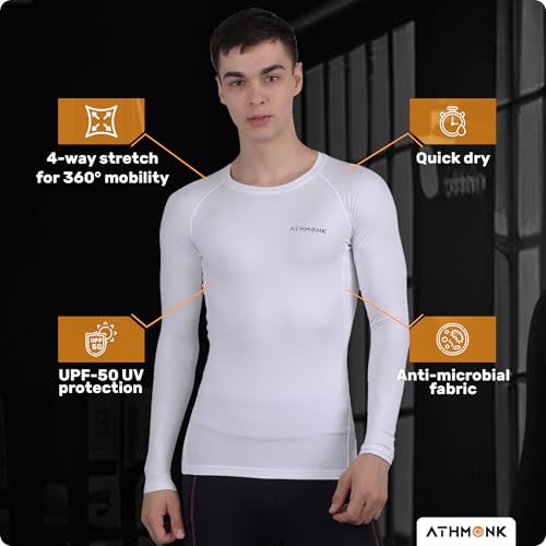 Image of Compression T-Shirt Vest Upper Body Shaper for Men Boys Branded - 4-Way Stretch Lycra Fabric - Workout Gym Cricket Running Football Sports Training - Keep Dry Tight Skin Fit - Round Neck