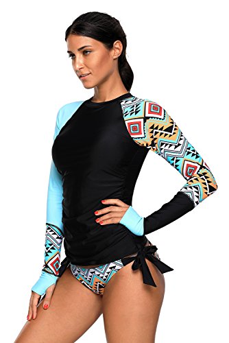 Women's Long Sleeves Rash Guard Athletic Swim Aztec Bathing Suit Beachwear (Xx-Large, Blue) #TOP2