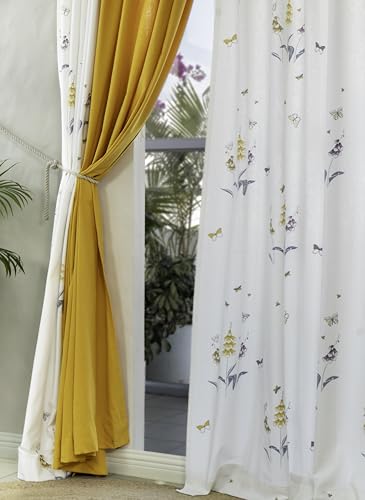 Image of Tranquebar Curtain Co. Window Curtains 5 Feet, 60-65% Room Darkening, Yellow Butterfly & Floral Print, Cotton Curtains for Window, Cotton Curtains 5 Feet Set of 3,BackTabs, Titli Yellow combo (152 cm)