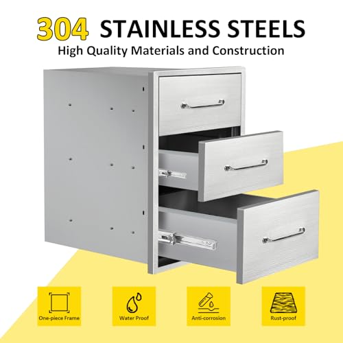 Image of Outdoor Kitchen Drawers 15.7 inch W x 21.6 inch H x 17.7 inch D Flush Mount Triple BBQ Drawers with Chrome Handle Stainless Steel Drawer for Outdoor Kitchen Island, Patio Grill Station