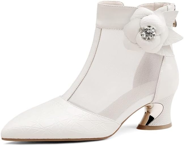 TinaCus Women’s Patent Leather Ankle Boots – Pointed Toe, Chunky Low Heel, Back Zip – Handmade Flower & Mesh Detail – Size 4-10.5