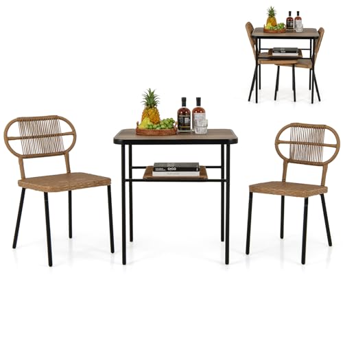 COSTWAY Conjunto Jardin Exterior de 3 Piezas, 2 Sillas de Ratán Apilables y Mesa de Comedor con Estante, Mesa y Sillas Jardin Terraza Balcon Interior Exterior