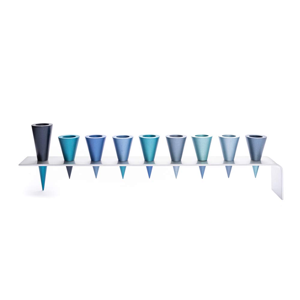 World Of Judaica Default Yair Emanuel Anodized Aluminum Hanukkah Menorah With Blue & Turquoise Cones