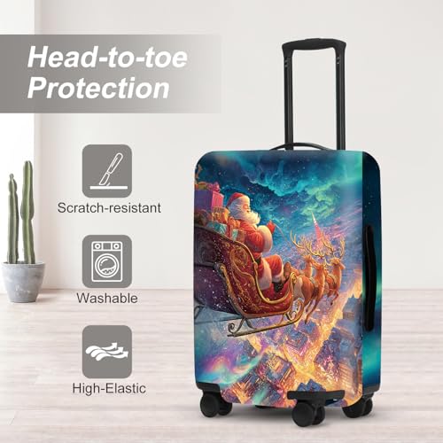 Image of Northern Lights Christmas Luggage Cover - Santa's Sleigh Flying Over City Under Aurora, Magical Stretchable Suitcase Protector 18 20 22 Inch