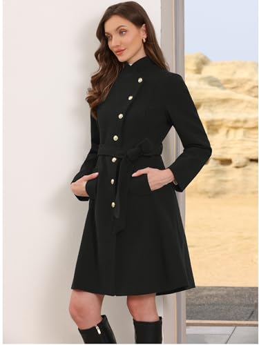 Allegra K Pea Coats for Women Fall Winter Stand Collar Single Breasted Long Trench Coat with Belt 20254