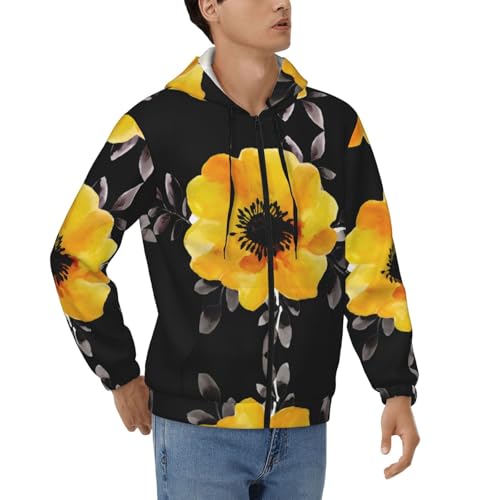 Sweat à capuche thermique zippé pour homme à motif fleurs jaunes avec poches