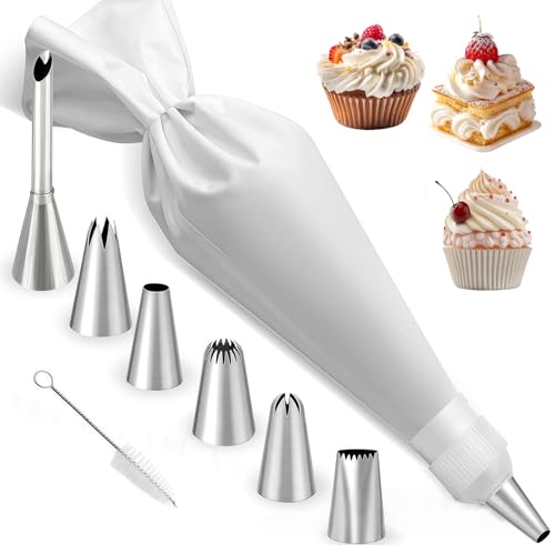 KLINNA 9 Stück Set Spritzbeutel mit Tüllen aus Edelstahl, Baumwolle Wiederverwendbar, Mit 6 verschiedenen Spitzen Formen zum Dekorieren von Torten, Keksen & Sahne zum Dekorieren von Torten.