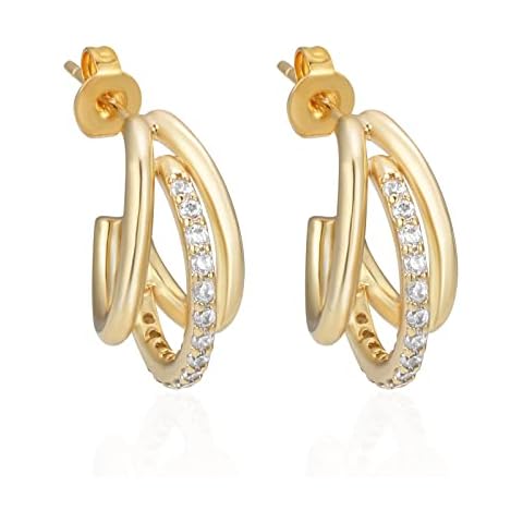 MESOVOR 14K Gold Plated Triple Claw Hoop Earrings, Minimalist Open Huggie Illusion Earrings | Cubic Zirconia Earrings for Women Girls (Style 03) Cover