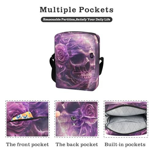 Crossbody Bag 7gothic Skull Purple Rose Flower Messenger Bag for Women Men Purse Shoulder Bag Satchel Bag with Adjustable Strap 214B6012