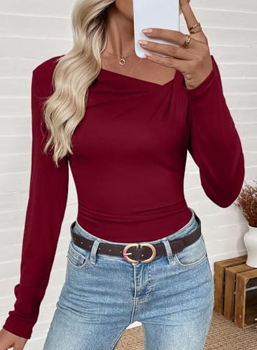 EVALESS Women Long Sleeve Pleated V Neck Rib Knit Slim Fit Shirts Basic Tops 2025 Casual T-Shirt Going Out Workout Outfits2