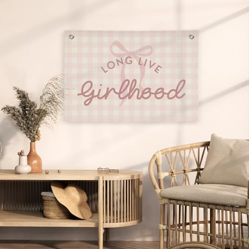 Image of Pink Cute Room Decor Long Live Girlhood Banner, Coquette Bow Girls Room Decor for Nursery Playroom Wall Hanging Linen Flag,Baby Girls Bedroom Decorations,Baby Showers Newborn Gift 30x20 girlroom